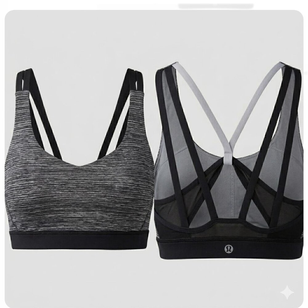 Lululemon Energy Bra Size 10 Gray Black Strappy Back Medium Support Sport Bra